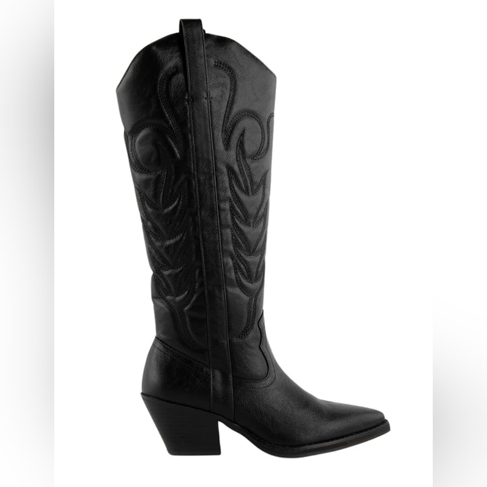 Like NEW Black Western Faux Leather Embroidered Cowboy Boots | Size 10M - Picture 3 of 11